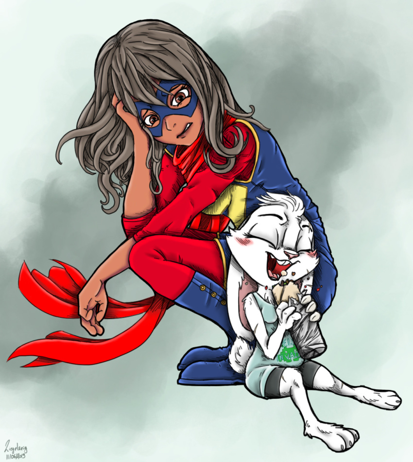 3_toes 4_fingers alice_kirabito_(ziegelzeig) anthro brown_eyes clothed clothing disney duo ears_down eating eyes_closed fan_character female female/female fingers food fur happy hi_res human human_on_anthro interspecies kamala_khan lagomorph larger_female larger_human leporid mammal marvel mask ms._marvel open_mouth pivoted_ears predator/prey pregnant rabbit size_difference smaller_anthro smaller_female story_at_source superhero teeth toes white_fur worried ziegelzeig zootopia
