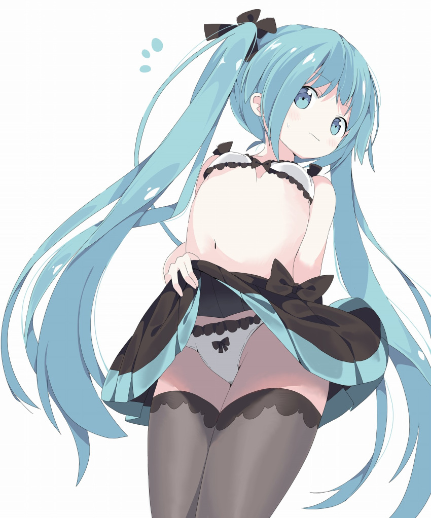 1girl black_bow black_skirt blue_eyes blush bow bow_bra bow_panties bra breasts closed_mouth commentary_request flying_sweatdrops green_hair grey_legwear hair_bow hatsune_miku highres lifted_by_self long_hair looking_at_viewer navel panties pleated_skirt sidelocks simple_background skirt skirt_lift small_breasts solo sweat tantan_men_(dragon) thighhighs twintails underwear very_long_hair vocaloid white_background white_bra white_panties