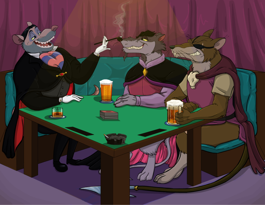 alcohol anthro barefoot beer beverage cigarette clothed clothing cluny_the_scourge disney don_bluth eye_patch eyewear footwear germainethevixen group jenner_(nimh) male mammal murid murine poker_table professor_padraic_ratigan_(disney) rat redwall rodent scar shoes tail_blade the_great_mouse_detective the_secret_of_nimh whiskers yellow_sclera