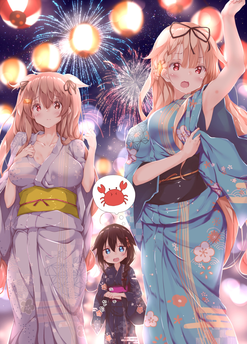 3girls absurdres alternate_costume black_hair black_ribbon blonde_hair blue_eyes blush braid breasts brown_eyes closed_mouth fireworks floral_print hair_flaps hair_ornament hair_over_shoulder hair_ribbon hairclip heterochromia highres japanese_clothes kantai_collection kimono large_breasts light_brown_hair long_hair looking_at_viewer messy_hair multiple_girls murasame_(kantai_collection) night night_sky numpopo open_mouth red_eyes ribbon shigure_(kantai_collection) single_braid sky smile twintails yukata yuudachi_(kantai_collection)