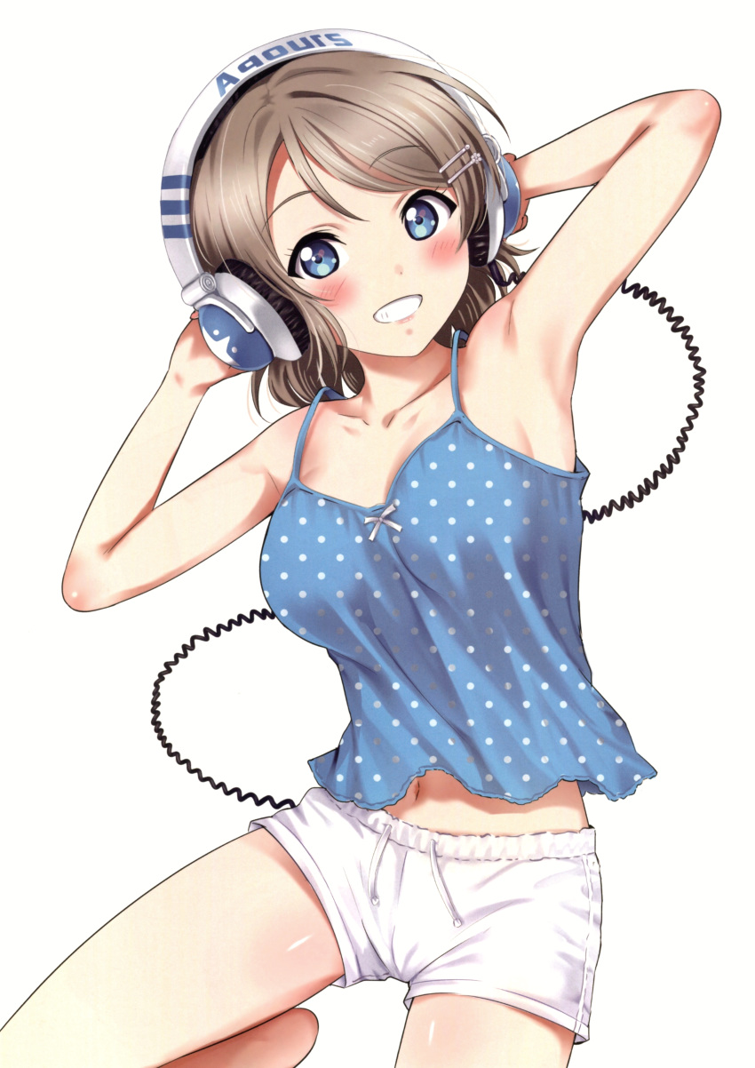 1girl :d absurdres armpits arms_up bangs bare_legs barefoot blush breasts camisole cleavage collarbone eyebrows_visible_through_hair grin hair_ornament hairclip hands_on_headphones headphones highres leg_up looking_at_viewer love_live! love_live!_sunshine!! medium_breasts navel open_mouth polka_dot rozen5 scan shiny shiny_skin short_hair short_shorts shorts simple_background smile solo spaghetti_strap standing standing_on_one_leg swept_bangs tareme teeth watanabe_you white_background white_shorts