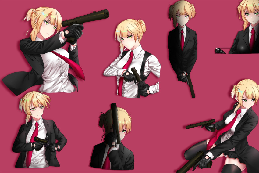 1girl agent_47 artist_request black_jacket black_skirt blonde_hair breasts cosplay dual_wielding english_commentary girls_frontline green_eyes highres hitman_(game) holding holster holstered_weapon jacket jacket_removed necktie parody piano_wire pink_background pose red_neckwear shirt short_twintails skirt solo suppressor twintails welrod_mk2 welrod_mk2_(girls_frontline) white_shirt