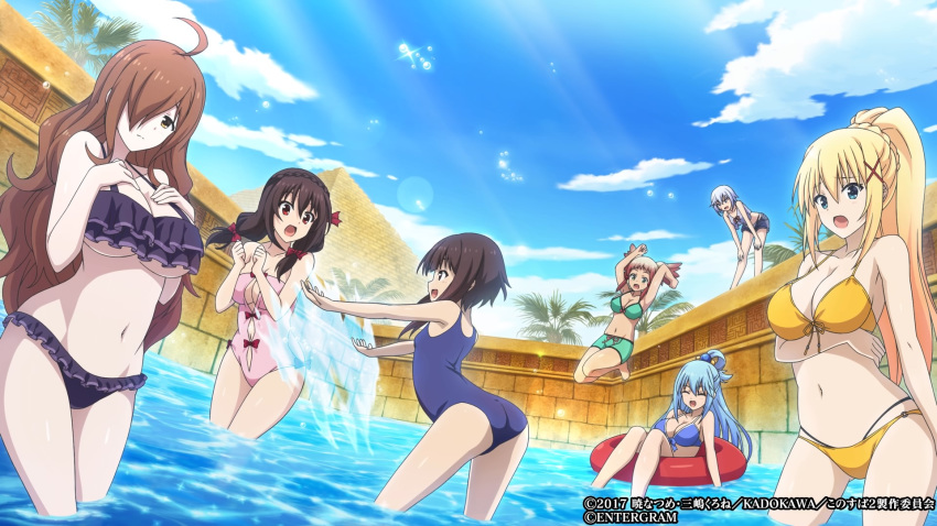 ahoge aqua_(konosuba) bikini black_bikini black_hair blonde_hair blue_eyes blue_hair blue_sky blush bow braid breasts brown_hair chris_(konosuba) cleavage cloud collarbone darkness_(konosuba) day detached_sleeves eyebrows_visible_through_hair front-tie_top gloves hair_ornament hair_over_one_eye hair_rings highres innertube kono_subarashii_sekai_ni_shukufuku_wo! large_breasts long_hair looking_at_viewer megumin multiple_girls navel official_art one-piece_swimsuit open_mouth ponytail pool purple_eyes pyramid red_eyes ribbon short_hair side-tie_bikini silver_hair sky small_breasts smile splashing swimsuit wading water white_bikini wiz_(konosuba) x_hair_ornament yunyun_(konosuba)