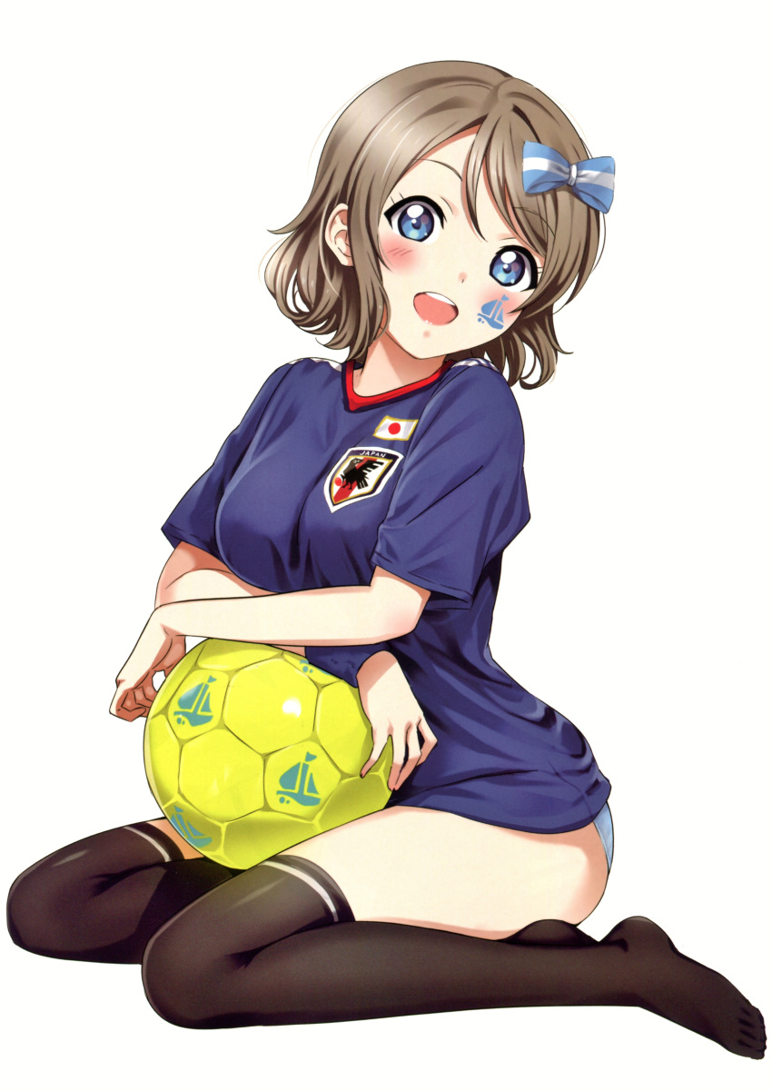 1girl 2018_fifa_world_cup absurdres ball bangs black_legwear blue_eyes blue_panties blue_shirt blush bow breasts crossed_arms eyebrows_visible_through_hair facepaint grey_hair hair_between_eyes hair_bow highres japan japanese_flag looking_at_viewer love_live! love_live!_sunshine!! medium_breasts no_pants open_mouth panties rozen5 scan shirt short_hair simple_background sitting smile soccer soccer_ball soccer_uniform solo sportswear sweatband tattoo thighhighs thighs underwear watanabe_you white_background white_panties world_cup yokozuwari