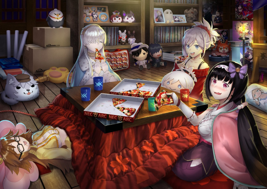 4girls anastasia_(fate/grand_order) bag beppu_mitsunaka black_hair box brown_hair cardboard_box character_doll cushion dakimakura_(object) fate/grand_order fate_(series) food ganesha_(fate) glasses jinako_carigiri kotatsu lying miyamoto_musashi_(fate/grand_order) multiple_girls on_back osakabe-hime_(fate/grand_order) pillow pink_hair pizza pizza_box poster silver_hair table wooden_floor