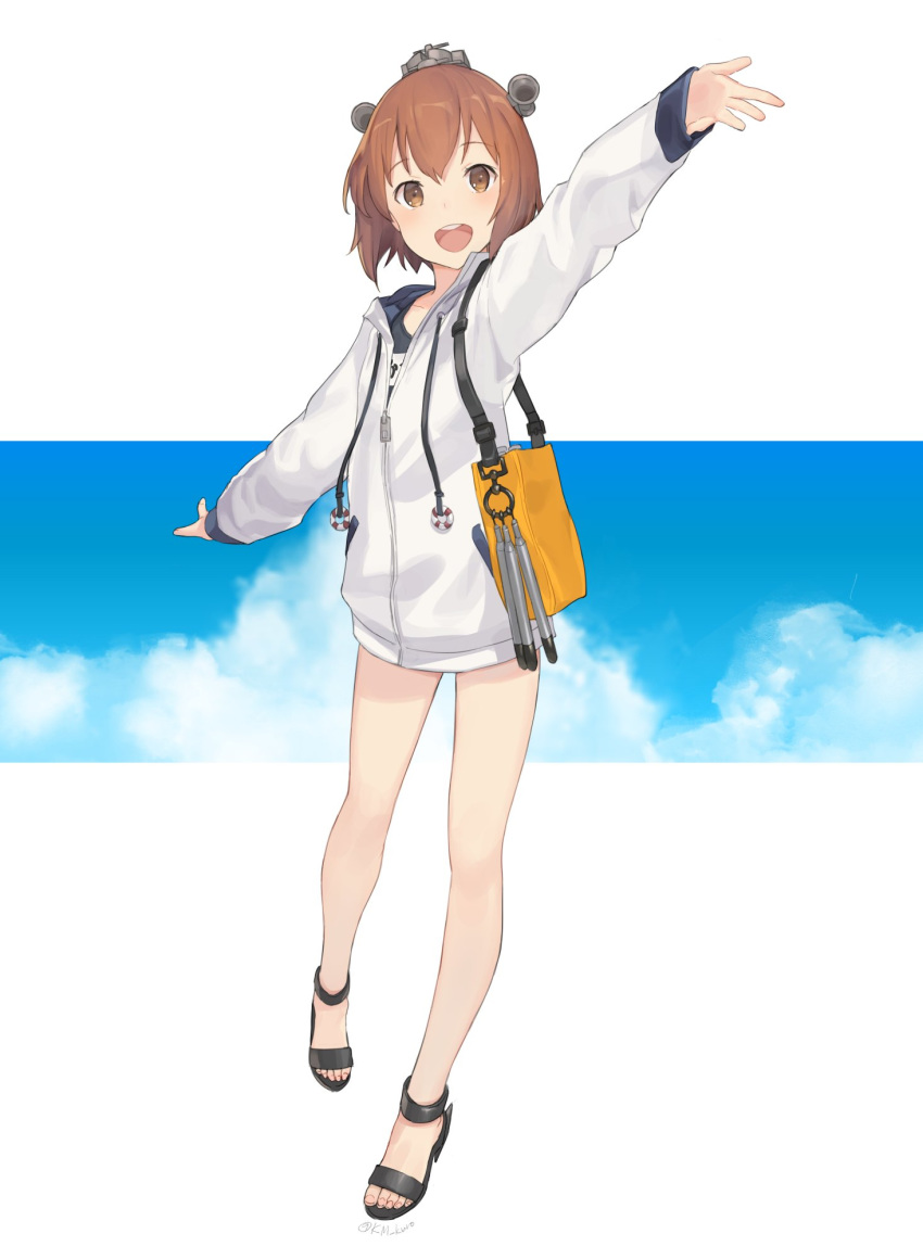 1girl arm_up bag bangs blush brown_eyes brown_hair cloud full_body handbag headgear highres hood hood_down hooded_jacket jacket kantai_collection keemu_(occhoko-cho) lifebuoy long_sleeves one-piece_swimsuit open_mouth pocket school_swimsuit short_hair sky solo standing swimsuit swimsuit_under_clothes torpedo white_jacket yukikaze_(kantai_collection) zipper