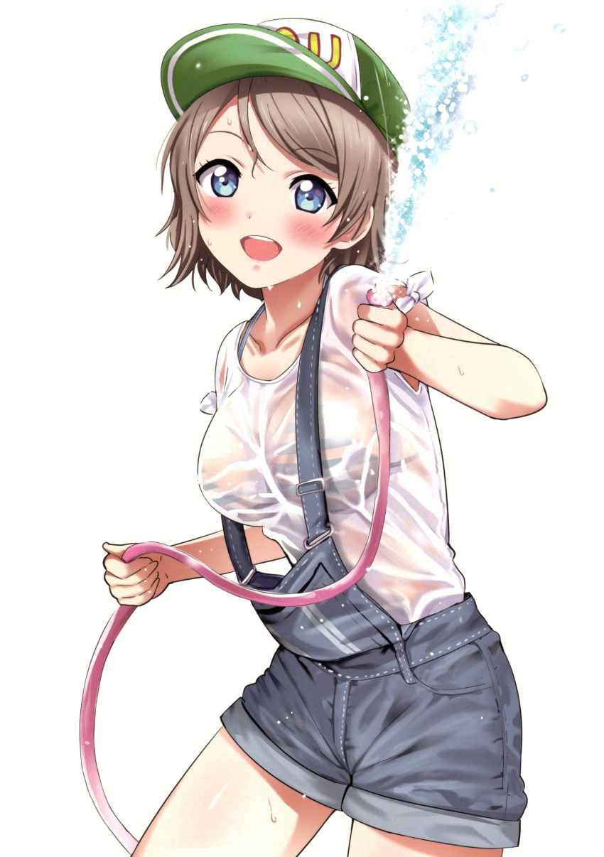 1girl :d absurdres bangs bikini_top blue_eyes blush breasts brown_hair eyebrows_visible_through_hair hat highres hose looking_at_viewer loose_clothes love_live! love_live!_sunshine!! medium_breasts open_mouth overall_shorts overalls rozen5 scan see-through shirt short_hair short_shorts shorts simple_background smile solo striped_bikini_top watanabe_you water wet wet_clothes wet_hair wet_shirt white_background white_shirt