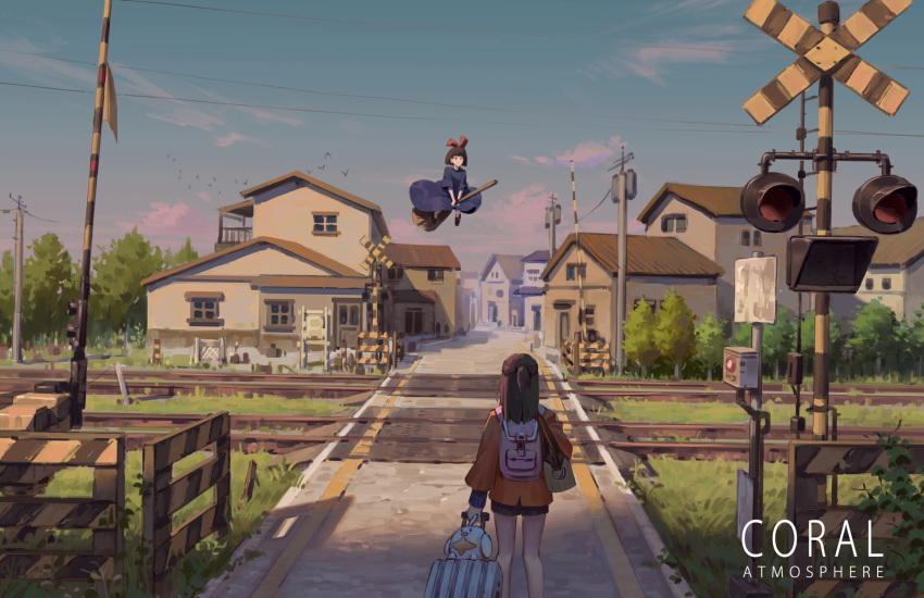 2girls backpack bag bow broom broom_riding brown_hair city crossover dress evening hair_bow handbag highres kagari_atsuko kiki little_witch_academia luggage majo_no_takkyuubin multiple_girls outdoors power_lines railroad_crossing railroad_signal railroad_tracks road sky wide_shot yushengxue