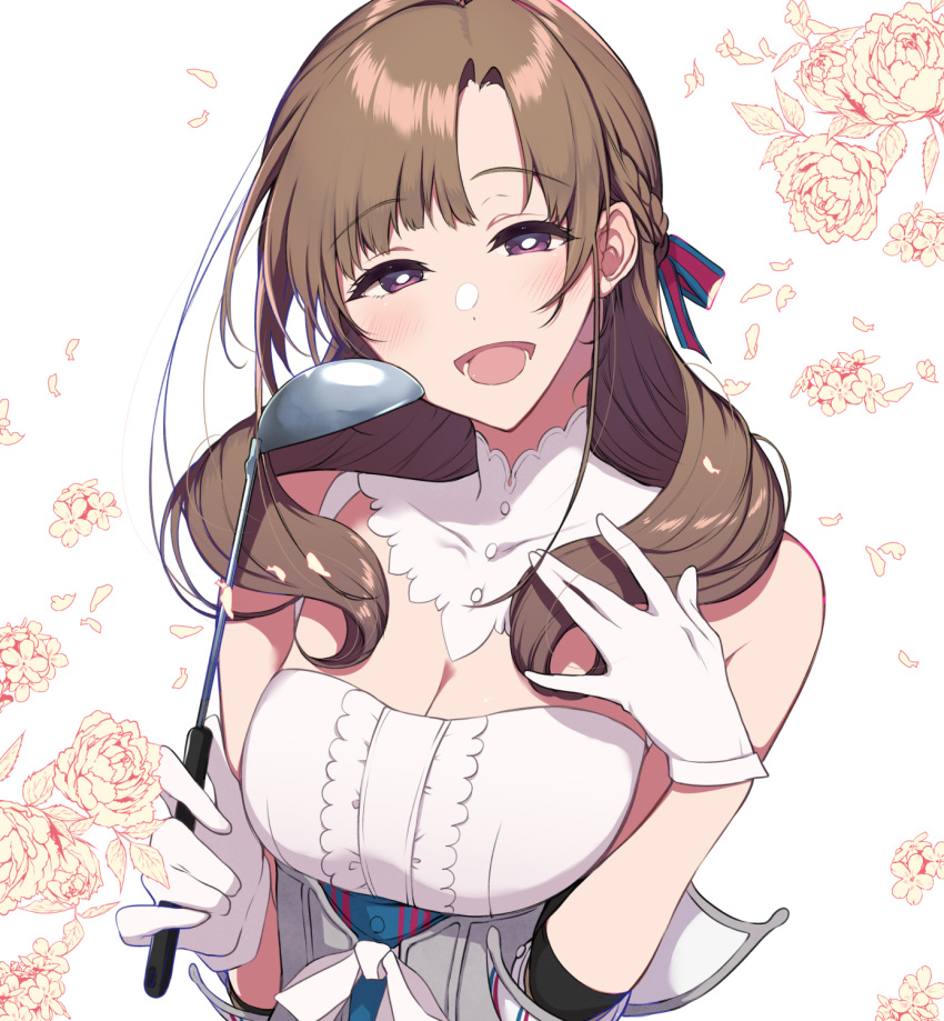 1girl :d bangs bare_shoulders blush braid breasts brown_hair cleavage dress eyebrows_visible_through_hair flower gloves hair_ribbon highres holding_ladle ladle large_breasts long_hair looking_at_viewer mature oosuki_mamako open_mouth pochi_(pochi-goya) purple_eyes ribbon simple_background smile solo striped striped_ribbon tsuujou_kougeki_ga_zentai_kougeki_de_ni-kai_kougeki_no_okaasan_wa_suki_desu_ka? upper_body white_background white_gloves