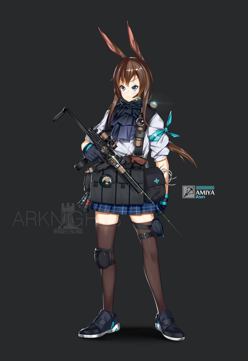 1girl absurdres amiya_(arknights) animal_ears arknights armband blue_eyes brown_hair commentary earpiece explosive foregrip full_body gloves grenade gun handgun highres holding holding_gun holding_weapon imi_uzi laser_sight load_bearing_equipment pouch revolver simple_background single_knee_pad solo submachine_gun suppressor thighhighs trigger_discipline weapon yakumo_ling