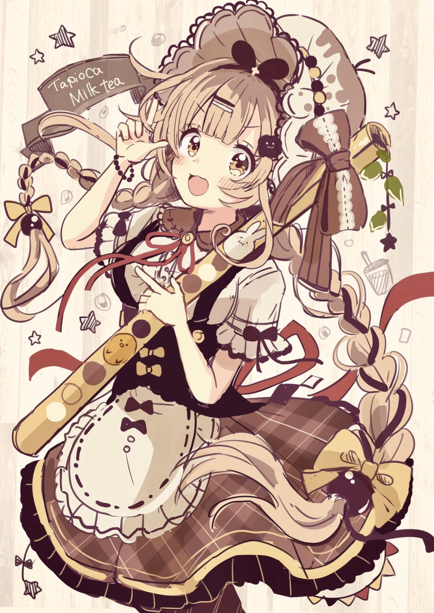 1girl :d apron arm_up bangs blush bow bracelet braid breasts brown_bow brown_eyes brown_hair brown_skirt collared_shirt commentary_request dress_shirt eyebrows_visible_through_hair frilled_apron frills hair_bow hair_ornament hairclip highres holding index_finger_raised jewelry long_hair low_twintails medium_breasts open_mouth original plaid plaid_skirt red_ribbon ribbon sakura_oriko shirt short_sleeves skirt smile star striped striped_background twin_braids twintails v-shaped_eyebrows vertical-striped_background vertical_stripes very_long_hair waist_apron white_apron white_shirt yellow_bow
