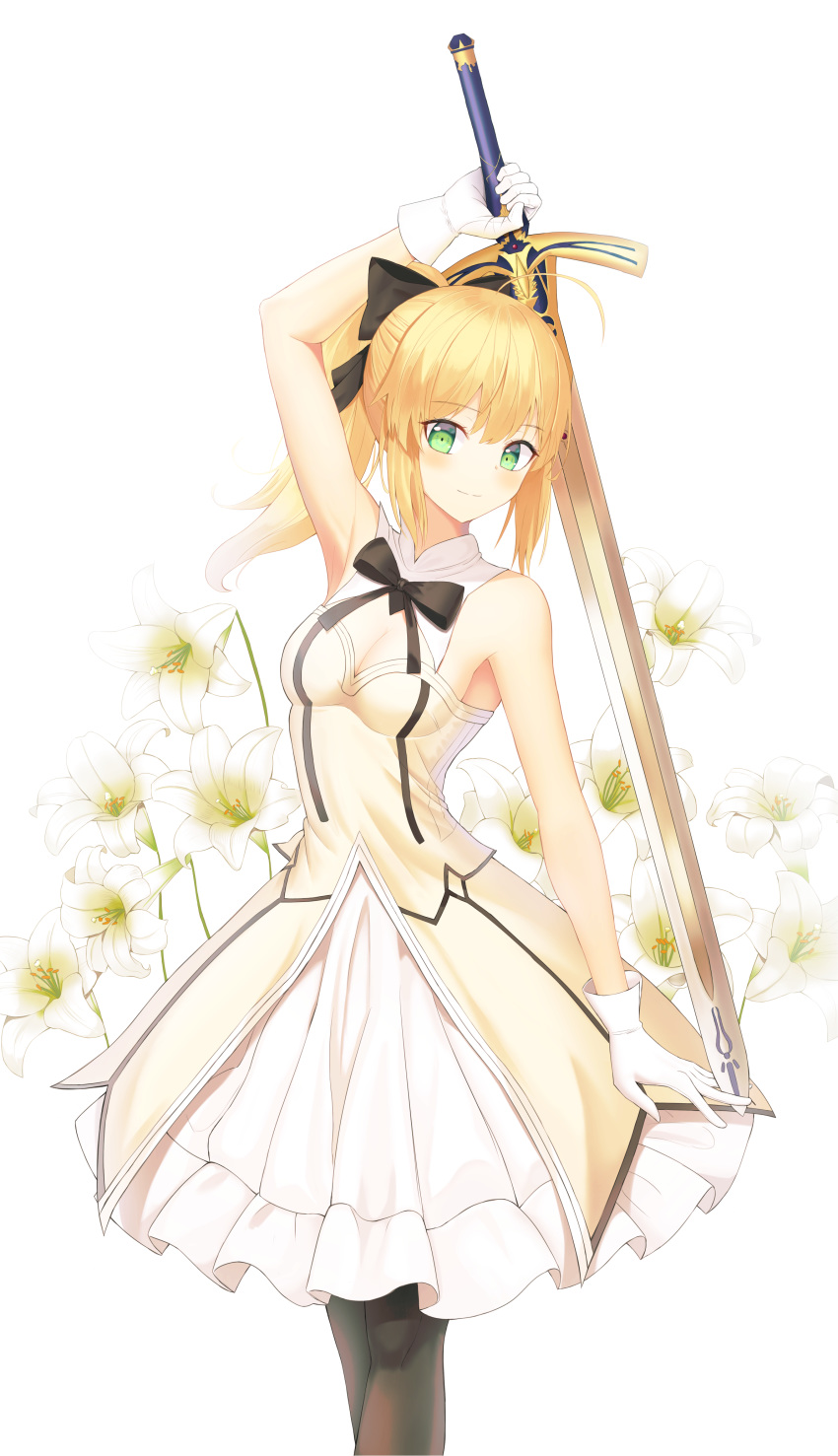 1girl absurdres arm_up artoria_pendragon_(all) bangs black_bow black_legwear black_neckwear blonde_hair bow breasts cleavage cowboy_shot detached_collar doggo34476335 excalibur fate/unlimited_codes fate_(series) floating_hair flower gloves green_eyes hair_bow high_ponytail highres holding holding_sword holding_weapon long_hair medium_breasts medium_skirt pantyhose ponytail saber_lily sidelocks simple_background skirt sleeveless solo standing strapless sword weapon white_background white_flower white_gloves white_skirt