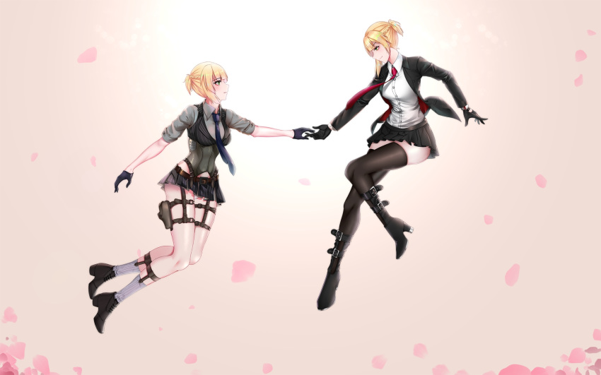 2girls agent_47 artist_request blonde_hair boots chinese_commentary commentary_request cosplay dual_persona girls_frontline gloves high_heel_boots high_heels highres hitman_(game) jacket multiple_girls necktie selfcest short_twintails skirt socks thighhighs twintails welrod_mk2_(girls_frontline) yuri