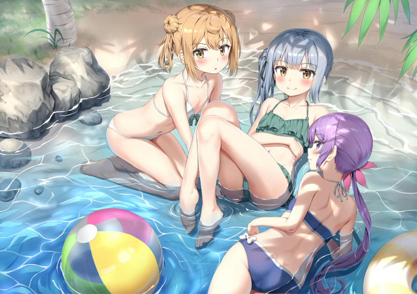 3girls :o akebono_(kantai_collection) alternate_costume ass ball bangs bare_shoulders beach beachball bikini blush breasts brown_eyes brown_hair closed_mouth collarbone commentary_request day double_bun eyebrows_visible_through_hair flower grass grey_hair hair_between_eyes hair_bun hair_flower hair_ornament highres innertube kantai_collection kasumi_(kantai_collection) leaf light_brown_hair long_hair looking_at_viewer looking_back lying michishio_(kantai_collection) multiple_girls nedia_(nedia_region) on_back on_side open_mouth outdoors palm_tree ponytail purple_eyes purple_hair remodel_(kantai_collection) rock sand seiza short_twintails side_ponytail silver_hair sitting small_breasts smile string_bikini swimsuit tree twintails very_long_hair water yellow_eyes