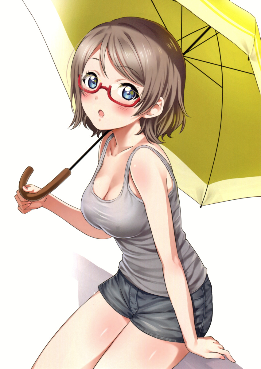 1girl absurdres arm_support bangs blue_eyes blush breasts cleavage collarbone covered_nipples denim denim_shorts eyebrows_visible_through_hair glasses grey_hair grey_shirt hair_between_eyes highres light_brown_hair looking_at_viewer love_live! love_live!_sunshine!! medium_breasts red-framed_eyewear rozen5 scan shirt short_hair short_shorts shorts simple_background sitting sitting_on_object solo tank_top thighs umbrella watanabe_you white_background yellow_umbrella