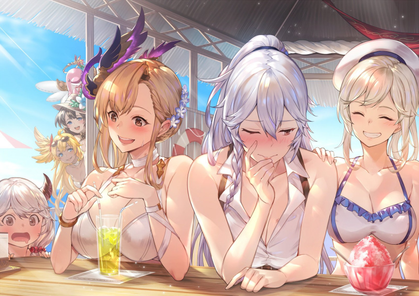 6+girls ahoge azrael_(granblue_fantasy) bangs bare_shoulders bikini black_hair blonde_hair blue_eyes blush braid breasts brown_eyes brown_hair camieux cleavage collarbone cucouroux_(granblue_fantasy) curly_hair dark_skin day eyewear_on_head feathered_wings flower granblue_fantasy hair_between_eyes hair_flower hair_ornament hairband harut_(granblue_fantasy) head_wings highres indoors israfel_(granblue_fantasy) jeanne_d'arc_(granblue_fantasy) kakage large_breasts long_hair looking_at_viewer marut_(granblue_fantasy) medium_breasts multiple_girls open_mouth purple_bikini purple_eyes rose silva_(granblue_fantasy) silver_hair smile song_(granblue_fantasy) sunglasses swimsuit twin_braids very_long_hair wings yellow_eyes