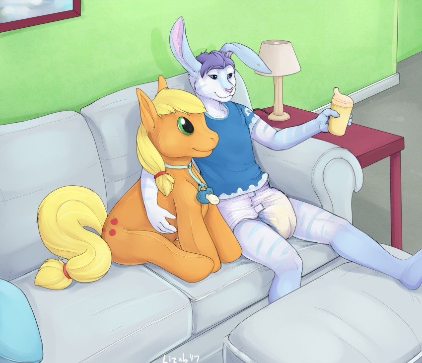 2017 anthro applejack_(mlp) blue_eyes bodily_fluids clothing cup diaper friendship_is_magic genital_fluids green_eyes hi_res inside lagomorph lamp leporid lizab mammal my_little_pony pacifier plushie rabbit shirt sitting sofa solo table topwear urine wet_diaper wetting