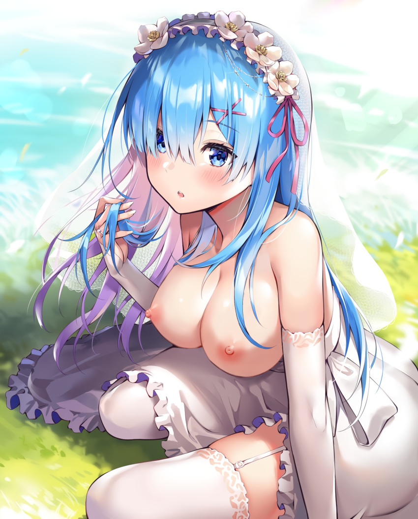 ale_nqki dress nipples no_bra photoshop re_zero_kara_hajimeru_isekai_seikatsu rem_(re_zero) stockings thighhighs wedding_dress