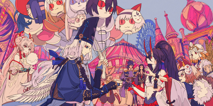 4boys 4girls :d absurdres animal_ears bare_shoulders black_hair bracer breasts character_balloon character_request cotton_candy eyeliner ferris_wheel hair_ornament hat high_ponytail highres horns huge_filesize japanese_clothes kogecha_(coge_ch) long_hair makeup mask mask_on_head multiple_boys multiple_girls navel one_eye_closed oni onmyoji open_mouth ponytail purple_hair red_eyes smile very_long_hair white_hair