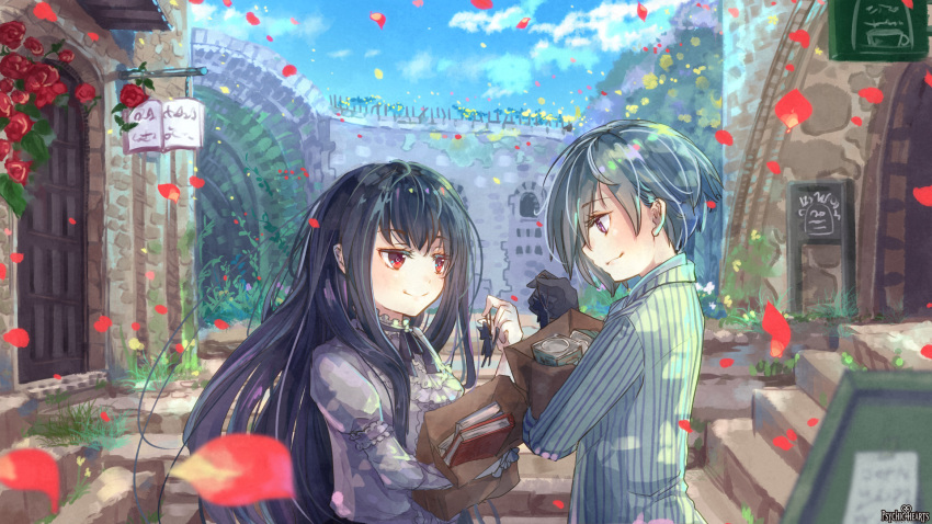 1boy 1girl arch ashgray bag black_gloves black_hair blue_sky book building cloud day door dress eye_contact flower gloves grass grey_dress grey_hair highres holding holding_bag long_hair long_sleeves looking_at_another outdoors petals psychic_hearts purple_eyes red_eyes shirt sky smile standing striped upper_body vertical_stripes wall watermark white_shirt