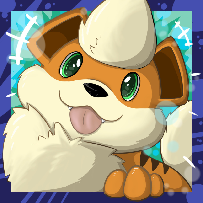 1:1 canid canine caninine canis cute_fangs domestic_dog feral fluffy fur green_eyes growlithe hi_res mammal nintendo orange_fur pok&eacute;mon pok&eacute;mon_(species) resachii tan_fur tongue tongue_out video_games