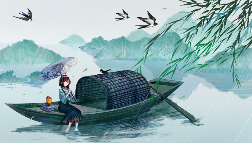 1girl absurdres ahoge bangs bird black_hair black_skirt boat book braid branch brown_eyes china_dress chinese_clothes closed_mouth commentary dress green_theme grey_sky hair_ornament hairband highres holding holding_umbrella jamjar77 landscape lantern mountain oar oriental_umbrella outdoors rain reflection sitting skirt smile umbrella vocaloid vocanese water watercraft yuezheng_ling
