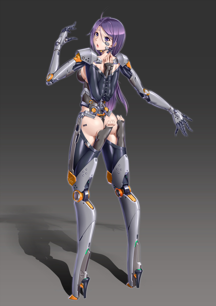1girl :o ahoge armbinder barcode_tattoo bdsm bound bound_arms bound_legs commentary_request cybernetic_parts extra_arms extra_legs full_body grey_background high_heels highres leotard long_hair looking_at_viewer looking_back mecha_musume mechanical_arms mechanical_backbone mechanical_legs open_mouth original purple_eyes purple_hair reverse_prayer robot_joints shadow simple_background solo stirrup_legwear tattoo toeless_legwear upper_teeth yin_gren