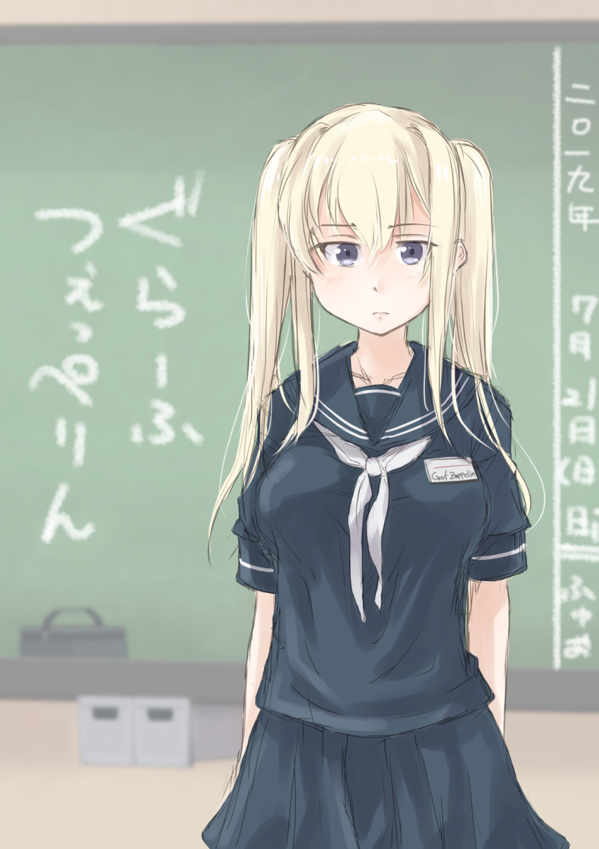 1girl alternate_costume blonde_hair blue_serafuku blue_skirt blurry chalkboard classroom_eraser cowboy_shot depth_of_field fyuo graf_zeppelin_(kantai_collection) grey_eyes hair_between_eyes highres id_card kantai_collection looking_at_viewer pleated_skirt school_uniform serafuku short_sleeves sidelocks skirt solo standing translation_request tsurime twintails