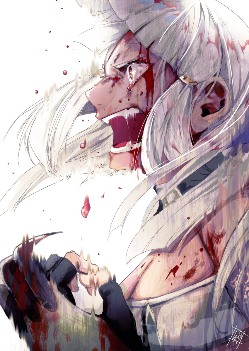 1girl blood blood_on_face bloody_tears claw_(weapon) fate/grand_order fate_(series) highres penthesilea_(fate/grand_order) profile roaring sasame_yuuki silver_eyes weapon white_background white_hair