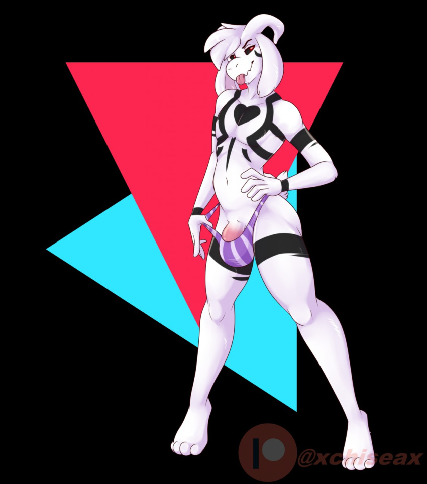 &lt;3 2019 abstract_background anthro asriel_dreemurr barely_visible_genitalia barely_visible_penis better_version_at_source black_fur bovid bulge caprine clothing fur goat hi_res horn male mammal mostly_nude navel penis solo standing tongue tongue_out undertale underwear video_games white_fur xchiseaxmargaritax