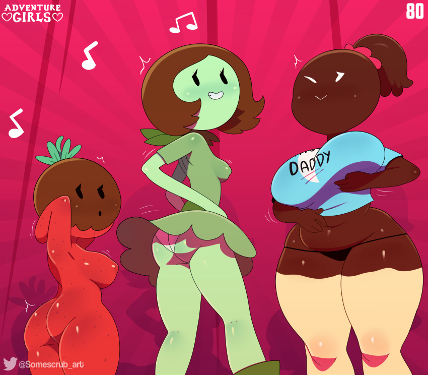 absurd_res adventure_time areola big_breasts black_clothing black_eyes black_panties black_underwear blue_clothing blue_topwear breasts brown_hair brown_skin butt candy candy_humanoid cartoon_network character_request chocoberry clothed clothing crop_top dark_skin dress english_text female flora_fauna food food_creature food_humanoid footwear front_view fruit fruit_humanoid green_clothing green_skin grin group hair hi_res humanoid legwear light_skin living_candy living_fruit looking_at_viewer motion_lines musical_note navel nipple_outline non-mammal_breasts noseless nude one_eye_closed panties plant plant_humanoid ponytail pseudo_hair rear_view red_areola red_skin shirt short_hair slightly_chubby small_breasts smile smug somescrub standing strawberry text thigh_highs topwear twitter underwear upskirt white_clothing white_panties white_underwear wide_hips wink