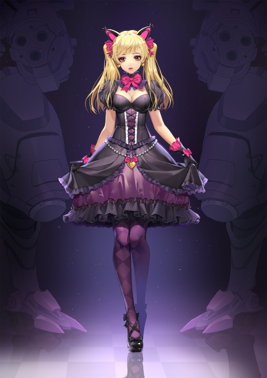 1girl absurdres alternate_costume animal_ears argyle argyle_legwear bead_bracelet beads black_cat_d.va black_dress black_gloves blonde_hair bodice bow bow_footwear bracelet breasts brown_eyes cat_ears checkered checkered_floor cleavage d.va_(overwatch) dress dress_lift earrings frilled_dress frills full_body gloves heart heart_earrings high_heels highres jewelry knees_touching light_particles looking_at_viewer mecha medium_breasts meka_(overwatch) overwatch pantyhose parted_lips pink_bow pink_lips puffy_short_sleeves puffy_sleeves purple_legwear qi_kou reflection short_sleeves solo twintails walking