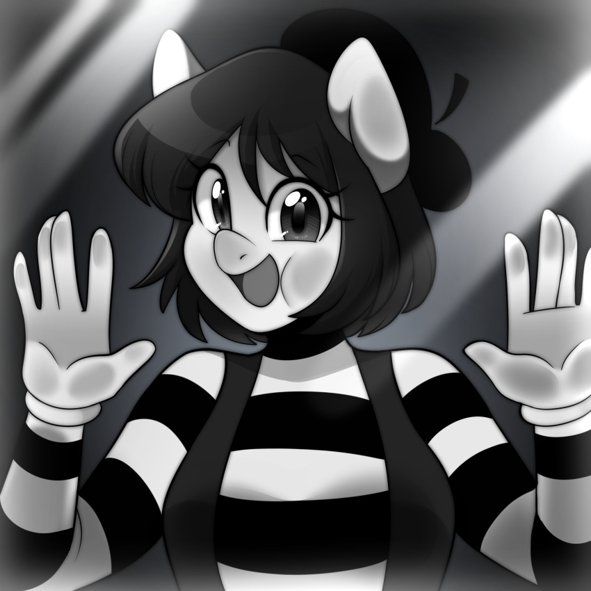 1:1 anthro beret breaking_the_fourth_wall clothing equid equine fan_character female gloves handwear hat headgear headwear hi_res horse izzy_(oc) mammal monochrome my_little_pony on_glass pony senseidezzy solo