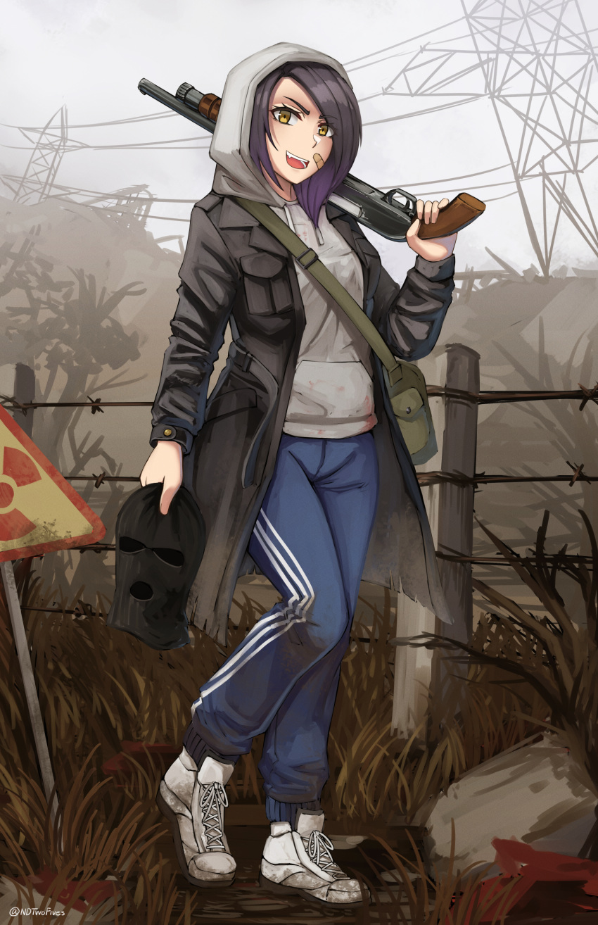 1girl :d absurdres bandaid_on_cheek bangs barbed_wire black_coat blue_pants brown_eyes coat commentary day dirty_clothes drawstring english_commentary eyebrows_visible_through_hair fang fence full_body grey_hoodie gun highres holding holding_gun holding_mask holding_weapon hood hood_up hoodie long_sleeves looking_at_viewer mask mask_removed mud ndtwofives open_clothes open_coat open_mouth outdoors over_shoulder pants power_lines purple_hair radiation_symbol shoes shotgun sign ski_mask sky smile sneakers solo stalker_(game) sweatpants swept_bangs transmission_tower twitter_username v-shaped_eyebrows weapon weapon_over_shoulder weapon_request white_footwear