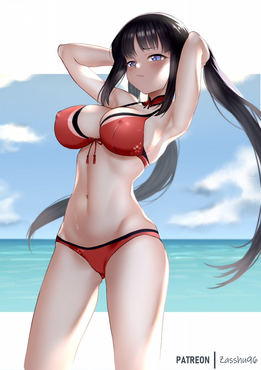 1girl armpits arms_behind_head ass_visible_through_thighs bikini black_hair blue_eyes blue_sky breasts cloud commentary covered_nipples cowboy_shot day english_commentary front-tie_top highres horizon large_breasts layered_bikini long_hair navel red_bikini sky solo standing summon_night summon_night_5 swimsuit twintails yeng-hua zasshu