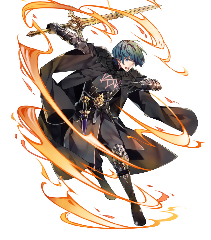 1boy aqua_hair armor bangs black_pants blue_eyes byleth byleth_(male) dagger fire_emblem fire_emblem:_three_houses fire_emblem_heroes full_body gauntlets highres holding holding_sword holding_weapon long_sleeves looking_away male_focus official_art open_mouth pants reverse_grip shiny shiny_skin short_hair solo sword transparent_background weapon