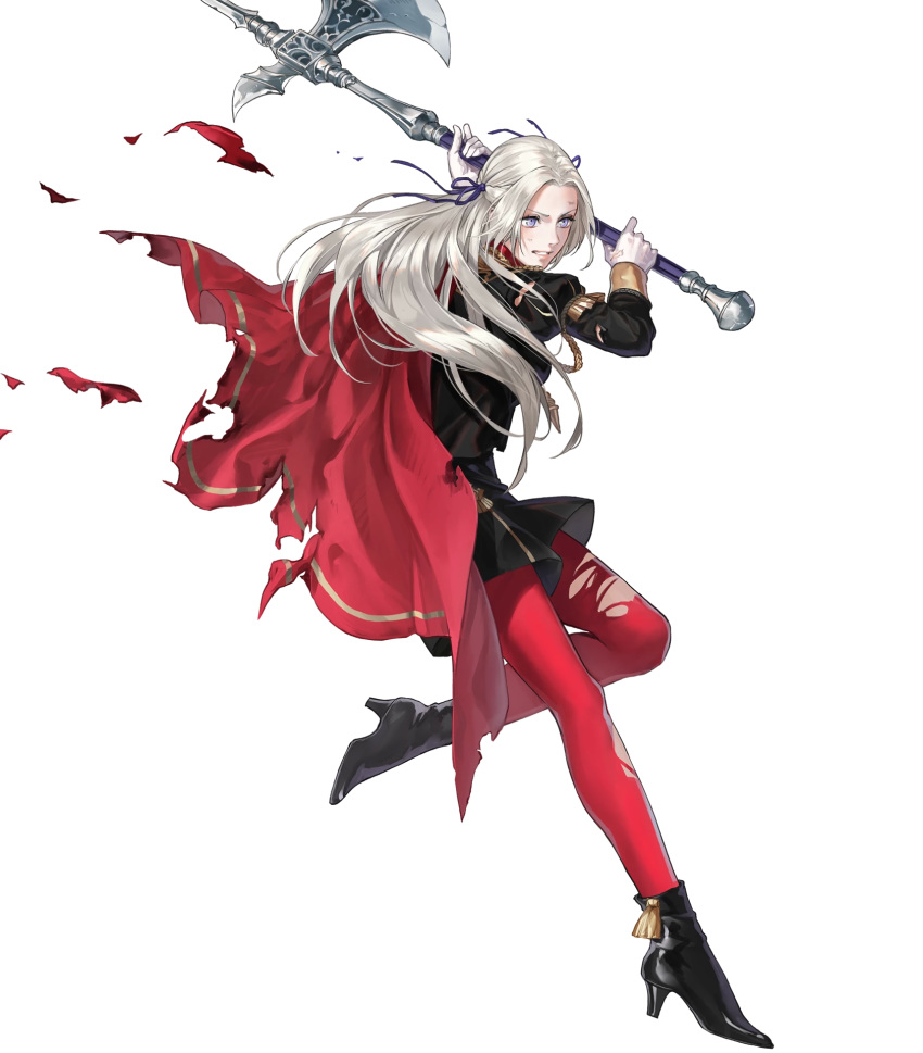 1girl ankle_boots black_dress black_footwear boots cape dress edelgard_von_hresvelgr_(fire_emblem) fire_emblem fire_emblem:_three_houses fire_emblem_heroes full_body gloves high_heel_boots high_heels highres long_hair long_sleeves pantyhose red_cape red_legwear short_dress solo suda_ayaka transparent_background white_gloves