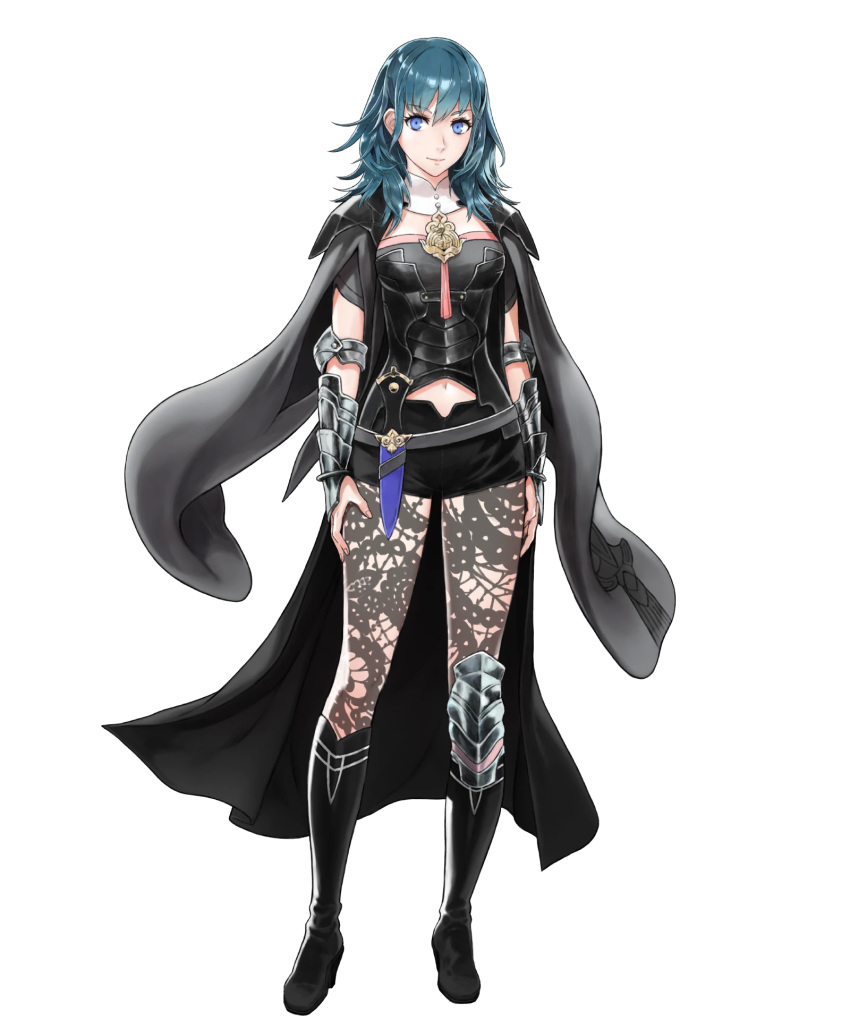 1girl armor belt black_footwear boots breasts byleth byleth_(female) coat dagger fire_emblem fire_emblem:_three_houses fire_emblem_heroes full_body highres hirooka_masaki jacket_on_shoulders knee_boots knee_pads long_hair medium_breasts midriff_peek official_art pantyhose shorts shoulder_pads solo transparent_background weapon