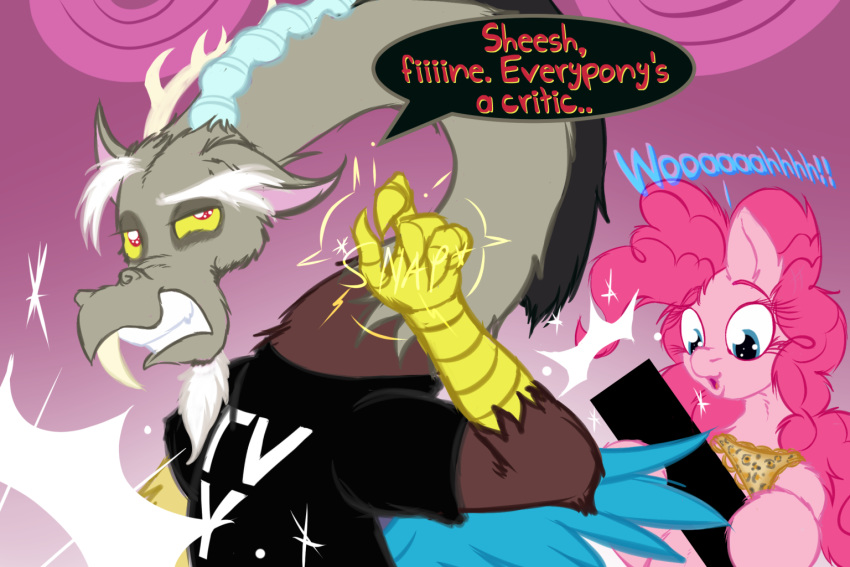 2019 4_fingers blue_eyes censor_bar clothing discord_(mlp) draconequus duo english_text equid equine excited female finger_snap fingers friendship_is_magic frist44 horn horse inside male mammal my_little_pony pinkie_pie_(mlp) pony sound_effects speech_bubble text underwear