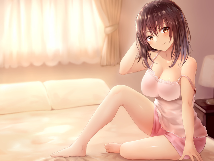 1girl barefoot bed blush breasts brown_eyes brown_hair curtains full_body hand_behind_head highres indoors lamp large_breasts looking_at_viewer medium_hair official_art on_bed pillow pink_shirt pink_shorts shirt shorts smile solo strap_slip sukemyon