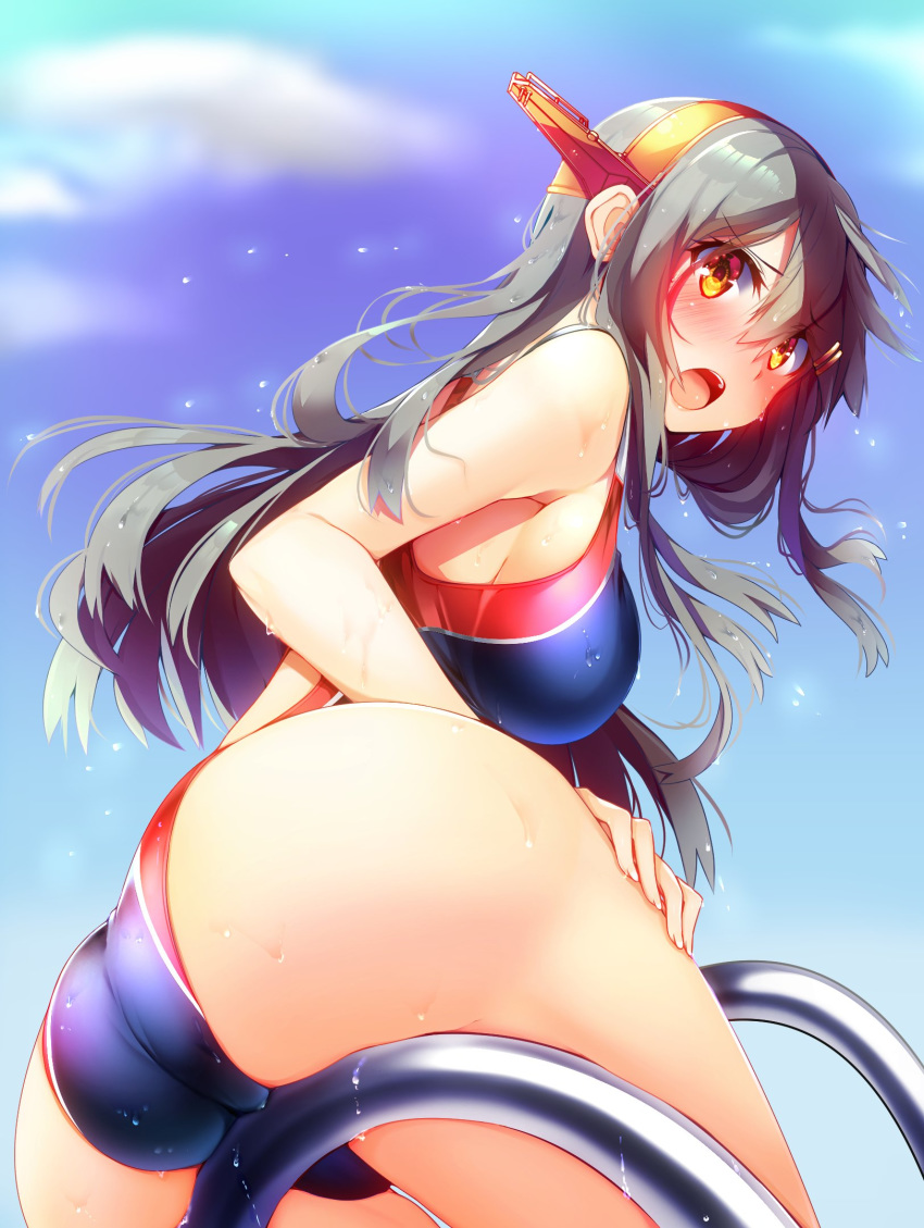 1girl ass black_hair black_swimsuit blue_sky cloud commentary_request competition_swimsuit cowboy_shot day from_below hairband haruna_(kantai_collection) headgear highres kantai_collection long_hair looking_at_viewer looking_back one-piece_swimsuit open_mouth outdoors pool_ladder sky solo swimsuit tsukui_kachou