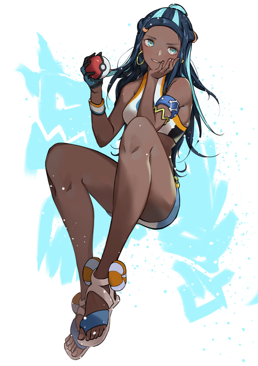 1girl armlet asymmetrical_gloves bikini_shorts black_hair blue_eyes blue_gloves blue_hair braid chin_rest dark_skin earrings floating_hair full_body gloves half_gloves highres holding holding_poke_ball jewelry krin long_hair multicolored_hair o-ring poke_ball pokemon pokemon_(game) pokemon_swsh rurina_(pokemon) shorts single_glove sitting solo sports_bikini two-tone_hair very_long_hair white_background