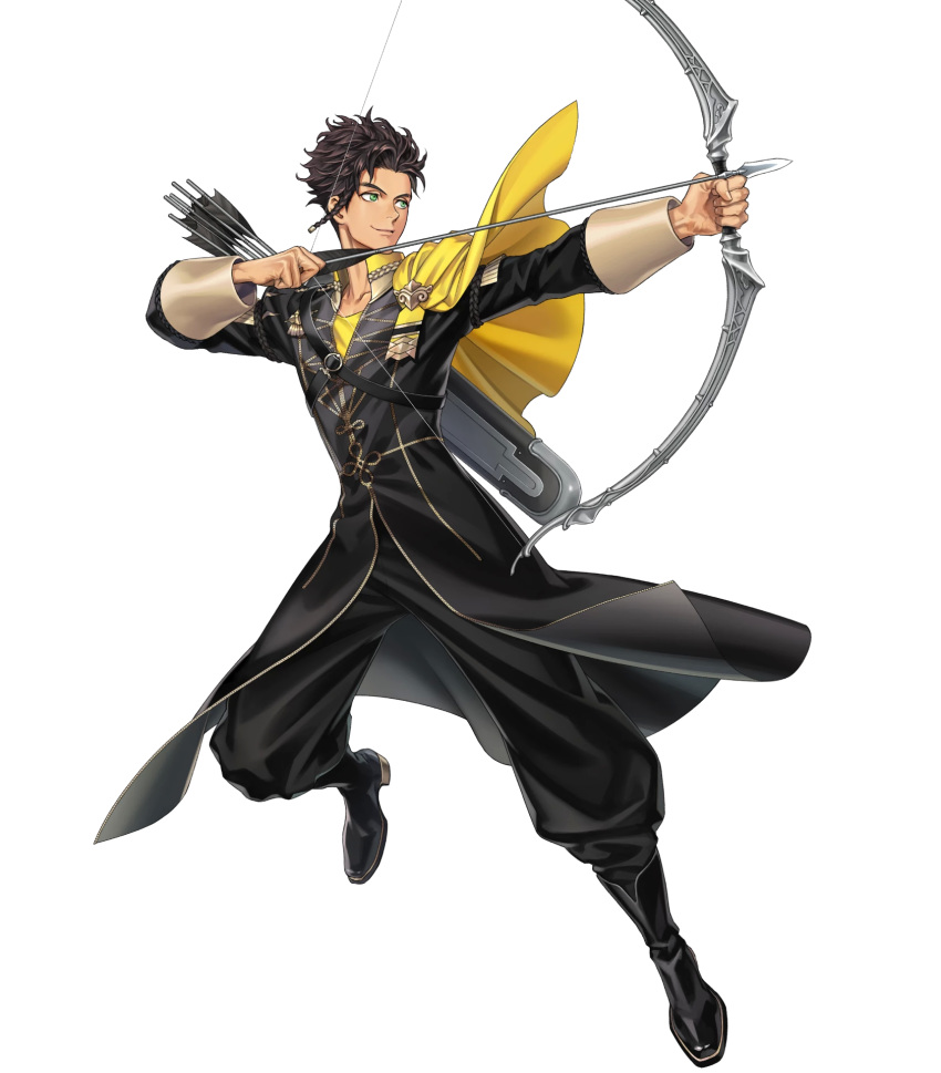 1boy arrow bangs black_footwear black_pants boots bow_(weapon) cape claude_von_regan_(fire_emblem) dark_skin fire_emblem fire_emblem:_three_houses fire_emblem_heroes full_body highres ipev long_sleeves male_focus official_art pants quiver short_hair solo tied_hair transparent_background weapon