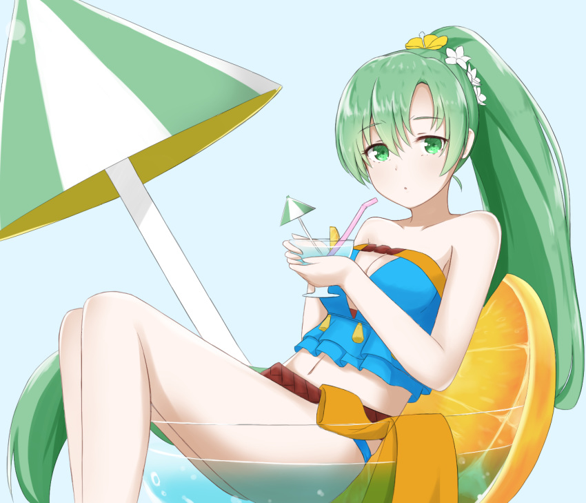 1girl alternate_costume asymmetrical_bangs bangs bare_legs bare_shoulders bikini blue_background blue_bikini breasts chirun0 cleavage cocktail_glass cocktail_umbrella cup drinking_glass drinking_straw expressionless eyebrows_visible_through_hair fire_emblem fire_emblem:_the_blazing_blade fire_emblem_heroes flower food frilled_bikini frilled_bikini_top frills fruit glass green_eyes green_hair hair_between_eyes hair_flower hair_ornament highres legs_together long_hair looking_at_viewer lyn_(fire_emblem) medium_breasts midriff navel orange orange_slice ponytail simple_background solo swimsuit