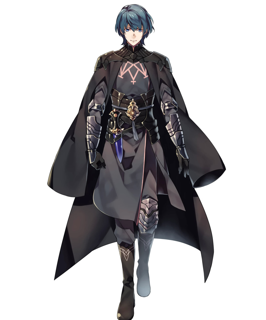 1boy aqua_hair armor bangs black_pants blue_eyes byleth byleth_(male) closed_mouth dagger fire_emblem fire_emblem:_three_houses fire_emblem_heroes full_body gauntlets highres long_sleeves looking_at_viewer looking_away male_focus official_art pants shiny shiny_skin short_hair solo standing transparent_background weapon