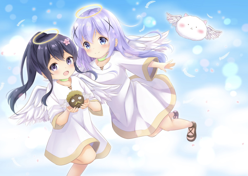 2girls :d absurdres angel angel_wings angora_rabbit animal bangs black_hair blue_eyes blue_hair blue_sky blush brown_footwear bunny choker closed_mouth cloud cloudy_sky commentary_request crossover day dress eyebrows_visible_through_hair feathered_wings feathers gochuumon_wa_usagi_desu_ka? green_choker hair_between_eyes hair_ornament halo hand_up higero_(wataten) high_ponytail highres holding inahori kafuu_chino long_hair long_sleeves multiple_girls open_mouth outdoors ponytail shirosaki_hana shoes sidelocks sky smile tippy_(gochiusa) very_long_hair watashi_ni_tenshi_ga_maiorita! white_dress white_feathers white_wings wide_sleeves wings x_hair_ornament