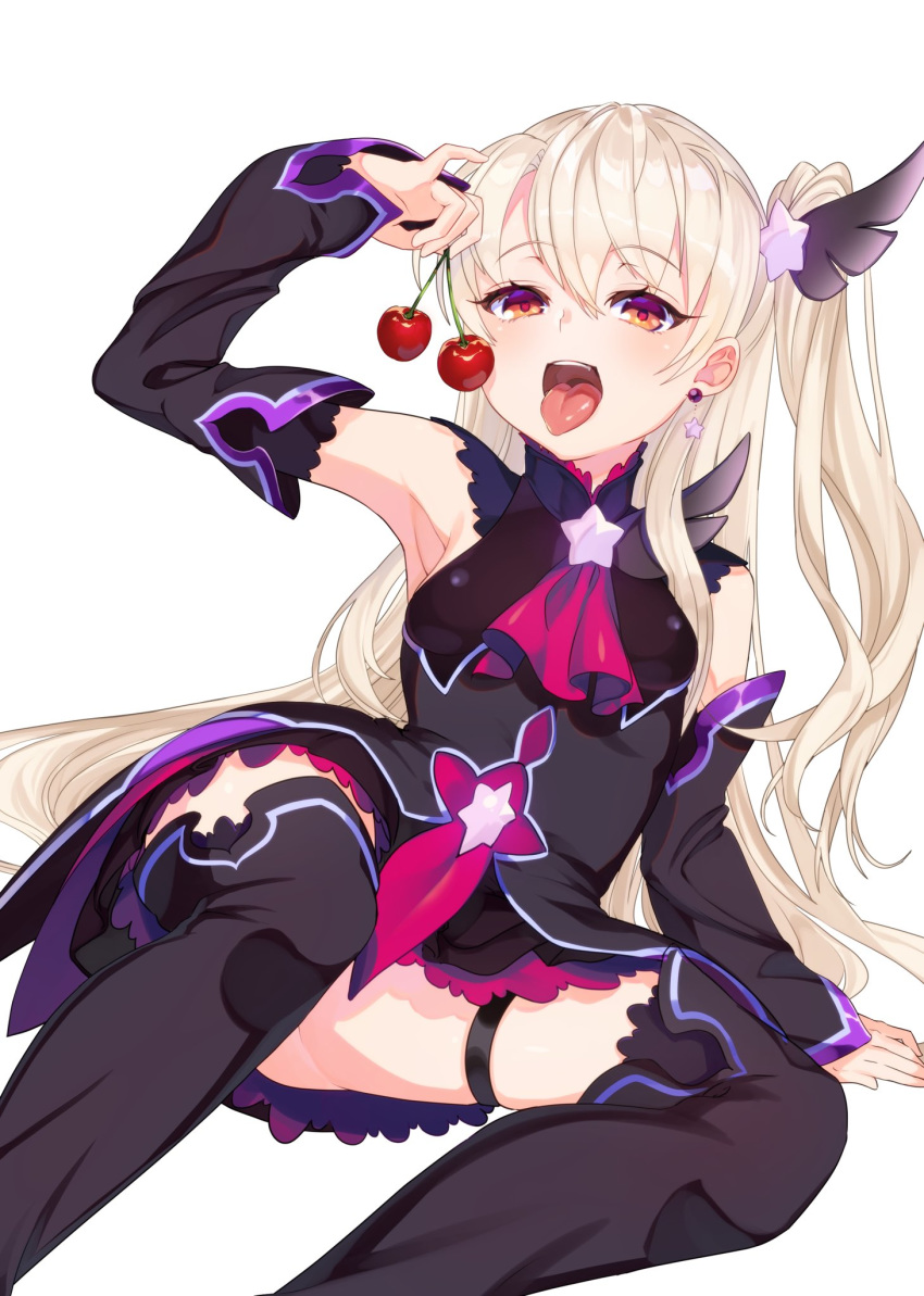 1girl bare_shoulders black_legwear breasts cherry detached_sleeves earrings eyebrows_visible_through_hair fate/grand_order fate/kaleid_liner_prisma_illya fate_(series) food fruit hair_ornament highres holding holding_food illyasviel_von_einzbern jewelry kirushi_(killcy) long_hair looking_at_viewer open_mouth prisma_illya red_eyes small_breasts smile solo testament_(fate) thighhighs tongue tongue_out