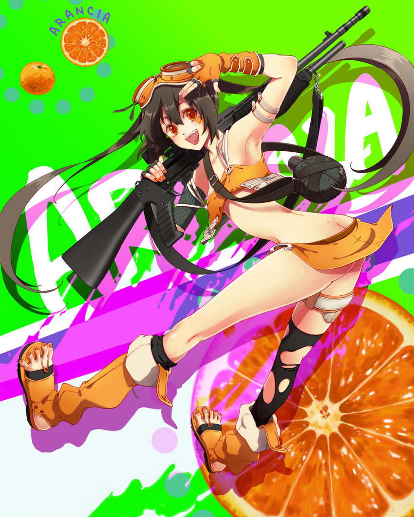 arancia bad_id bad_pixiv_id brown_hair butt_crack fingerless_gloves food fruit gloves goggles goggles_on_head gun highres long_hair makoto_(xtruth) midriff nail_polish open_mouth open_toe_shoes orange orange_eyes orange_nails orange_skirt original shoes skirt solo star toes twintails weapon