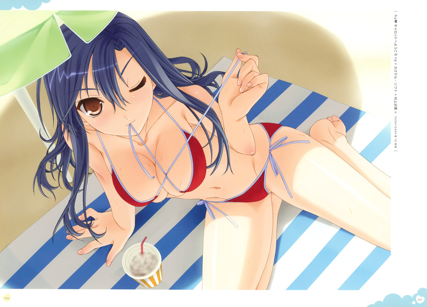 1girl ;) absurdres arm_support artist_name bangs barefoot beach beach_towel beach_umbrella bikini blue_hair border breasts brown_eyes cleavage copyright_name cup drink drinking_straw dutch_angle foreshortening from_above front-tie_bikini front-tie_top hair_between_eyes highres leaning light_smile long_hair mashiba_sayuri mouth_hold murakami_suigun navel one_eye_closed outdoors page_number parasol pia_carrot pia_carrot_(series) pia_carrot_4 pia_carrot_e_youkoso!! pia_carrot_e_youkoso!!_4 red_bikini red_eyes ribbon_in_mouth scan seiza shade shadow side-tie_bikini sitting skindentation smile solo spread_legs string_bikini striped sweat swimsuit towel transparent umbrella undressing untied untied_bikini untying wink