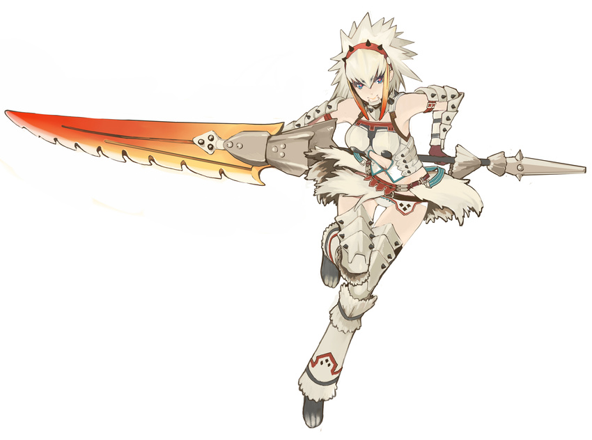 armor barioth_(armor) gloves grey_hair hairband highres monster_hunter monster_hunter_3 multicolored multicolored_eyes shizumi_satou solo spiked_hair sword thighhighs weapon